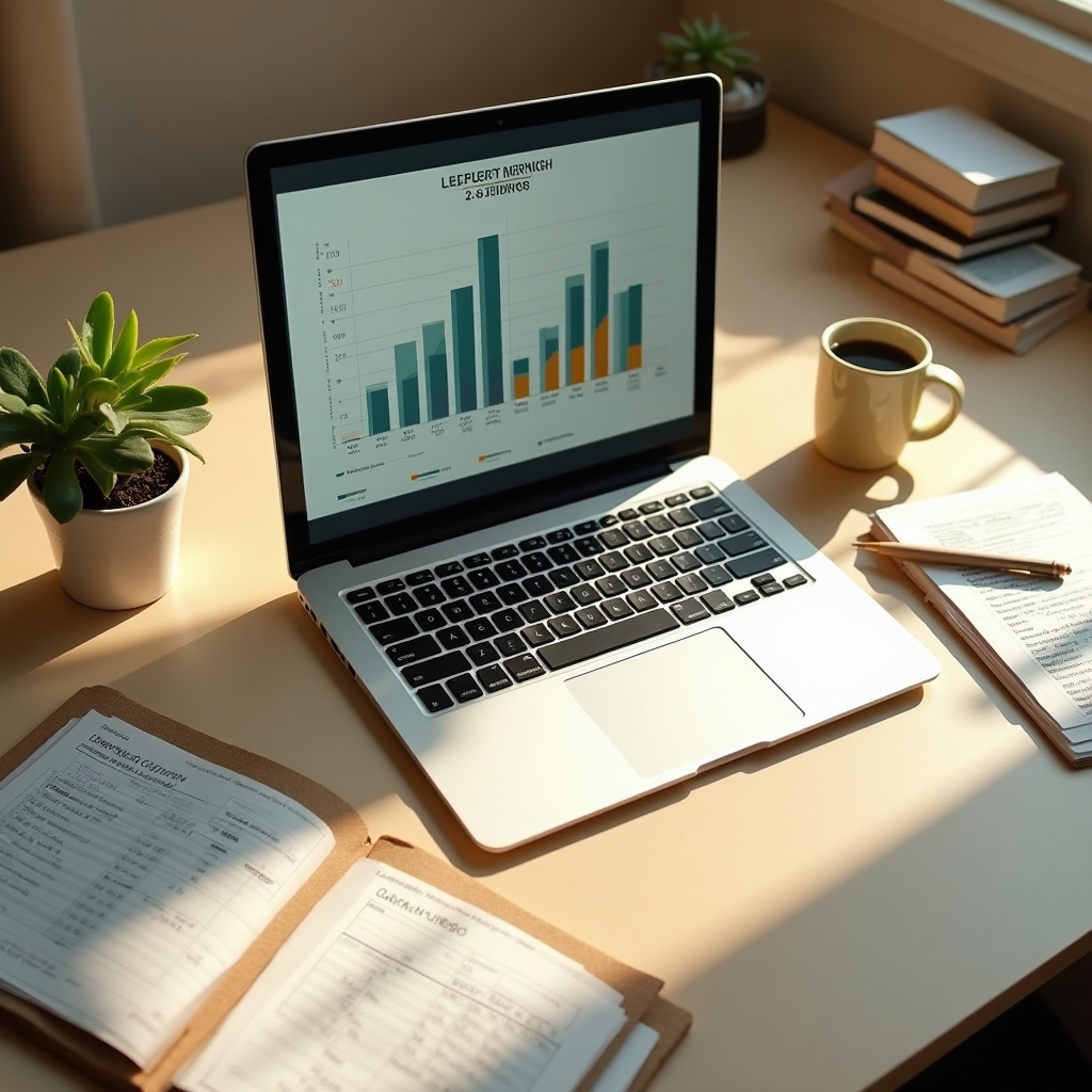 Overhead view of a budget planning workspace with notebooks and a laptop showing financial charts