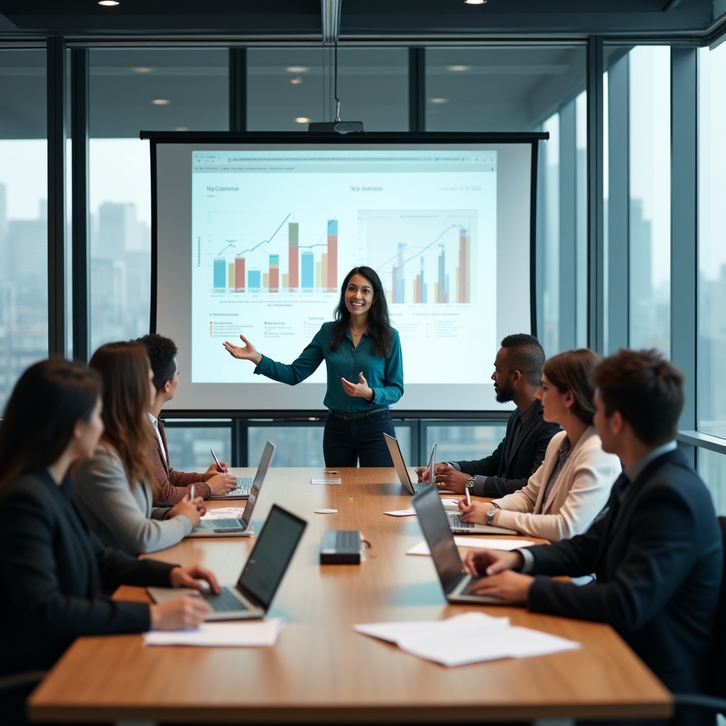 A facilitator leading a financial literacy workshop in a modern corporate meeting room, participants engaged with laptops and printed scenario sheets