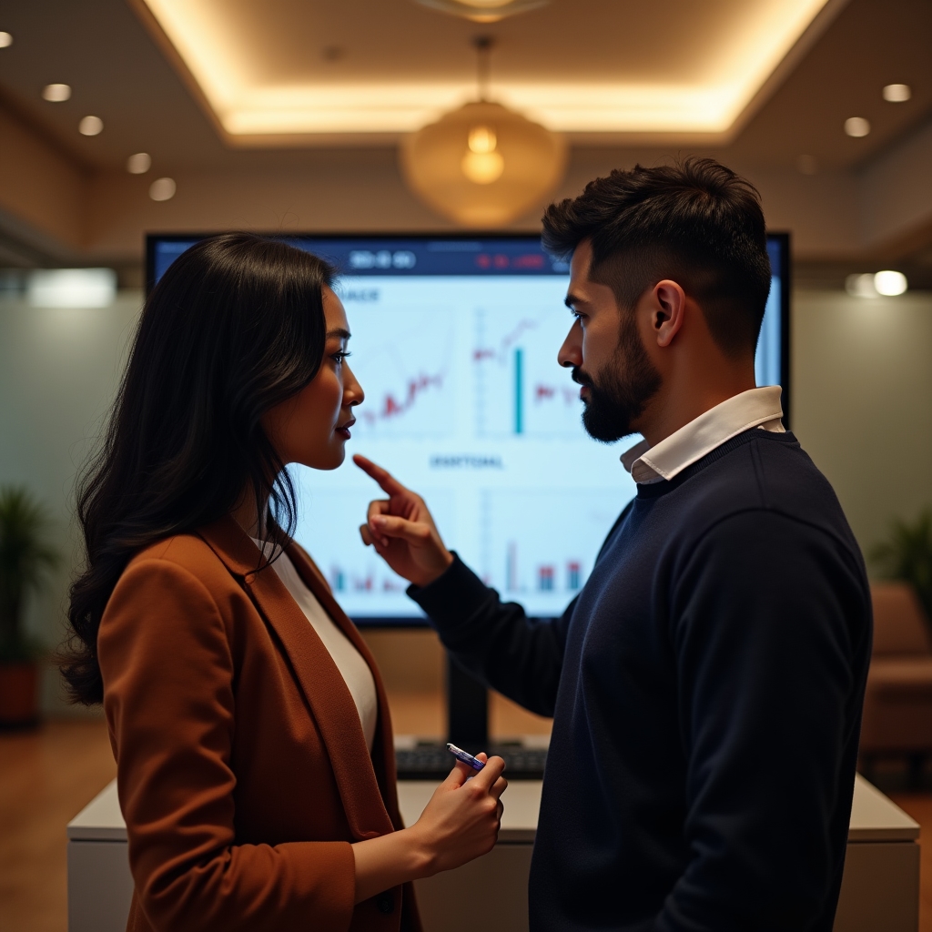Two professionals in a warm office discussing a financial strategy on a large monitor