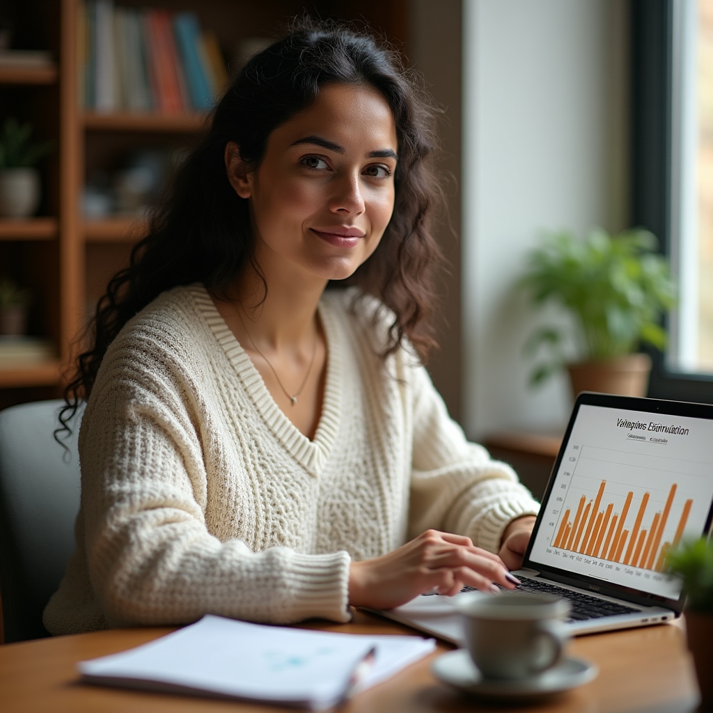 A freelancer in their late 20s working at a home office desk with natural light, reviewing financial scenarios on a laptop surrounded by notebooks and coffee