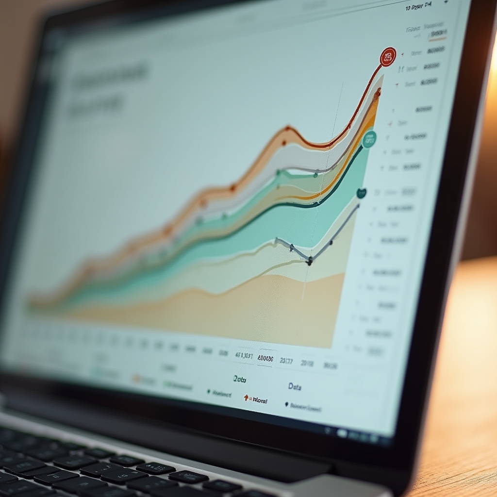 Close-up of an interactive financial chart on a screen showing multiple scenario lines with warm teal and amber colors