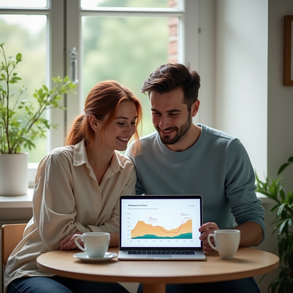 A couple in their early 30s sitting together at a kitchen table, reviewing retirement planning documents on a laptop with warm morning light