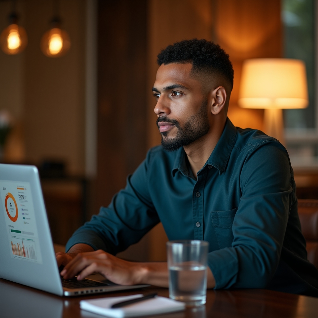 Close-up of a person using a digital savings goal tracker on a laptop with warm ambient light