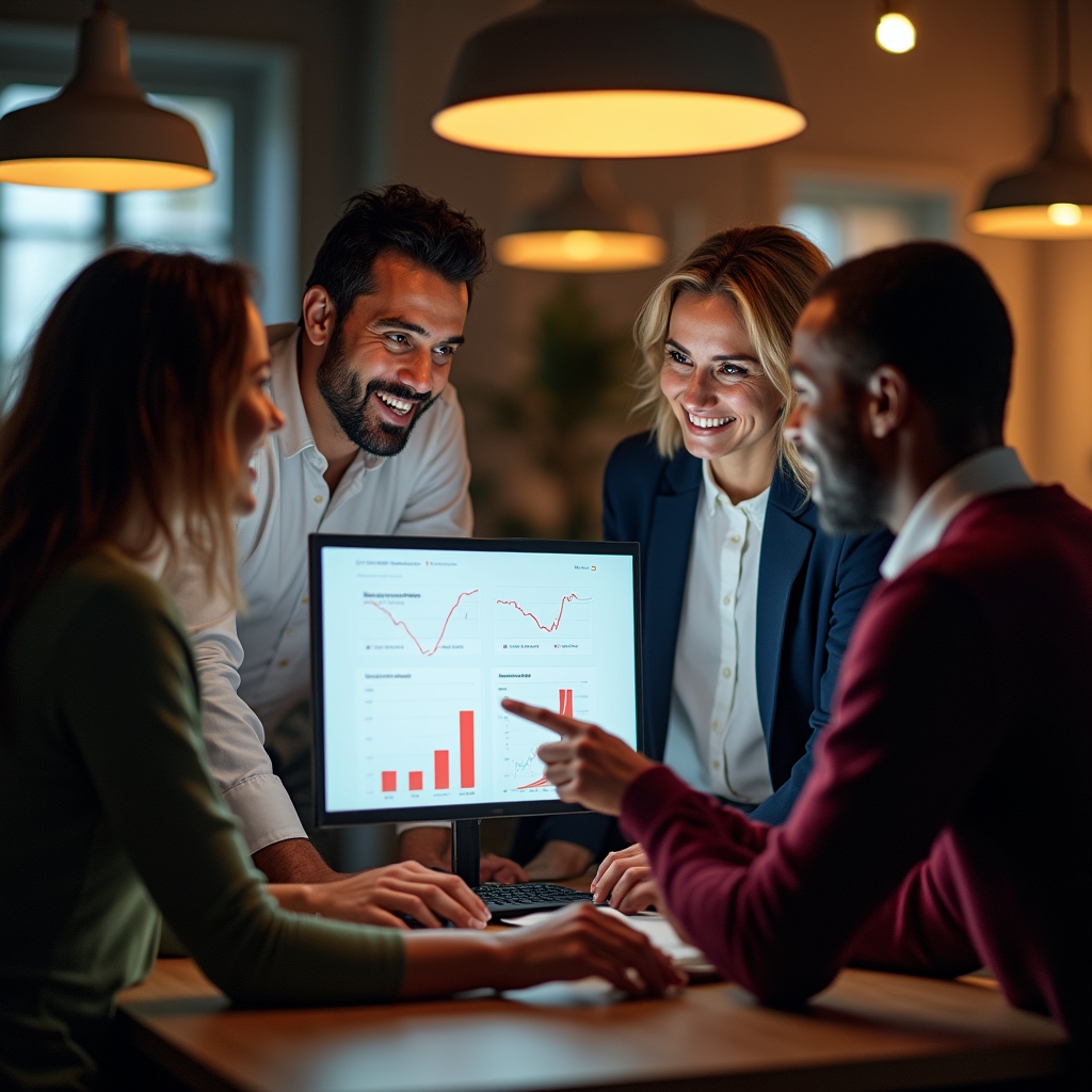 A diverse group of four employees in a bright office space, gathered around a large monitor showing financial scenario comparison charts during a group learning session