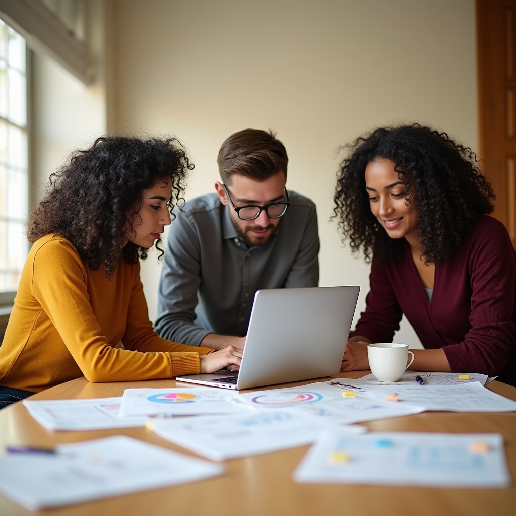 Small team of professionals gathered around a table working on the early version of the financial simulation platform